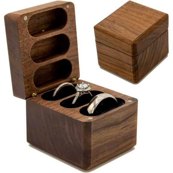 MUUJEE Wood 3 Slot Ring Box - Triple Wooden Ring Case Box for Wedding Ceremony Ring Bearer Box - Anniversary Birthday Gift Ideas, Promise Wedding Engagement Ring Holder