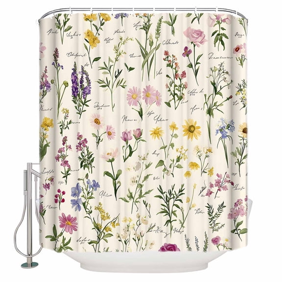 Extra Long Shower Curtain 72x84 Inch, Botanical Garden Florals Shower Curtain Waterproof Bathroom Decor Spring Watercolor Wildflowers Fabric Bath Curtain Set Accessories with Hooks