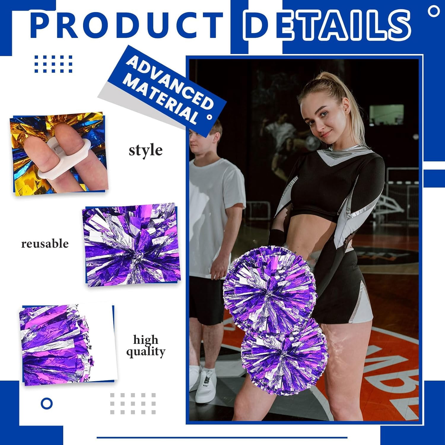 8 PCS Metallic Cheerleading Pom Pom for Team Spirit Sports Dance Cheering Kids Adults-Ring Style