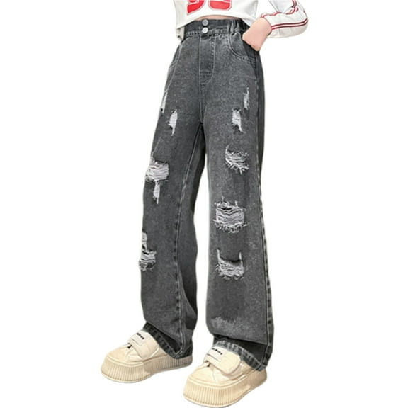 KAUOD Girls Cargo Wide Leg Jeans Y2K Kids Ripped Straight Elastic Wasit Denim Baggy Pants Multi Pocket Retro Hip Hop Leggings