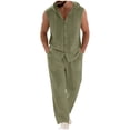 thumbnail image 3 of VBTAPA Cotton Linen 2 Piece Sets for Men Button Down Sleeveless Hoodie Shirts and Pants Lounge Matching Set Loose Fit Casual Vacation Outfits Army Green XL, 3 of 9
