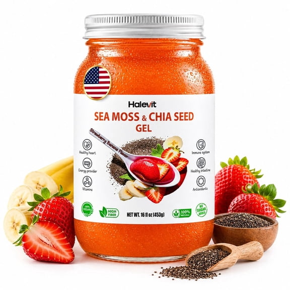 Halevit Wildcrafted Irish Sea Moss Gel | Sea Moss, Chia Seeds, Strawberry, Banana | 16 Oz| Made in USA | 1-Pack