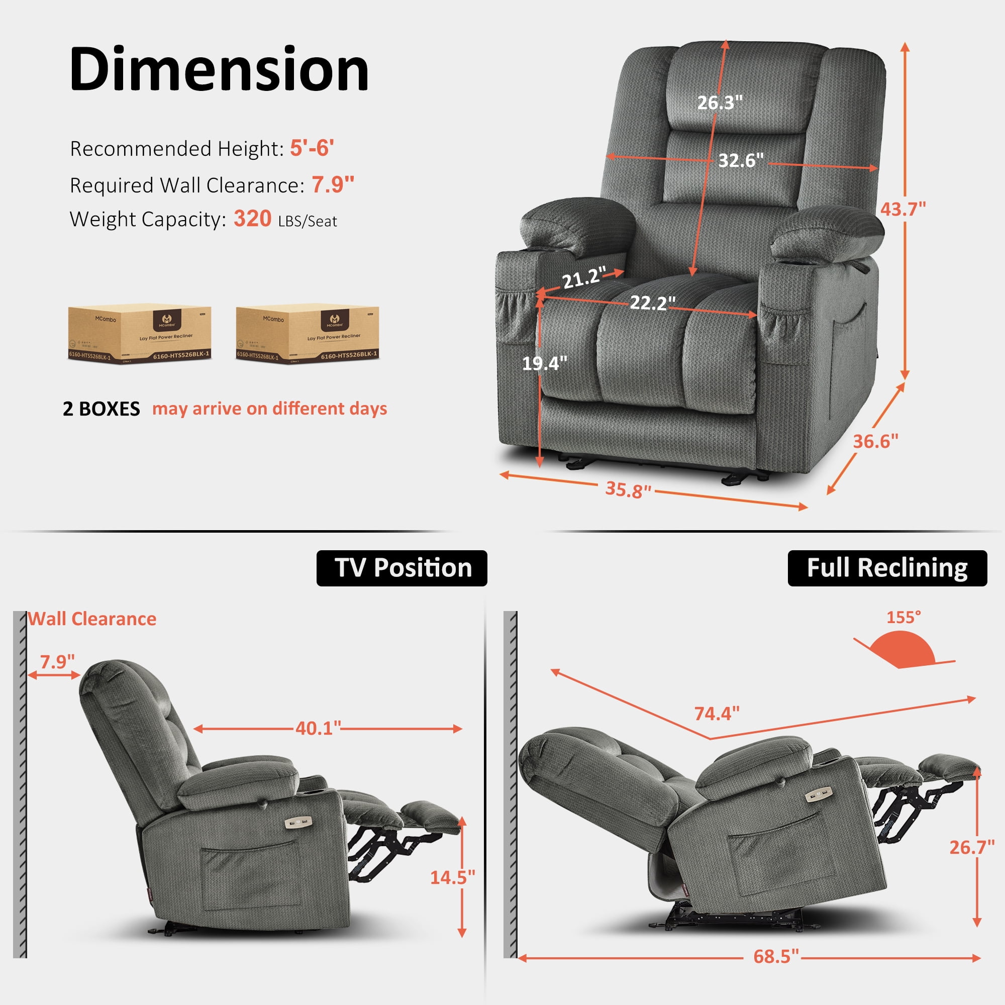 MCombo Electric Power Recliner Chair w/ Massage USB Cup Holders for Living Room Grey Fabric 6079