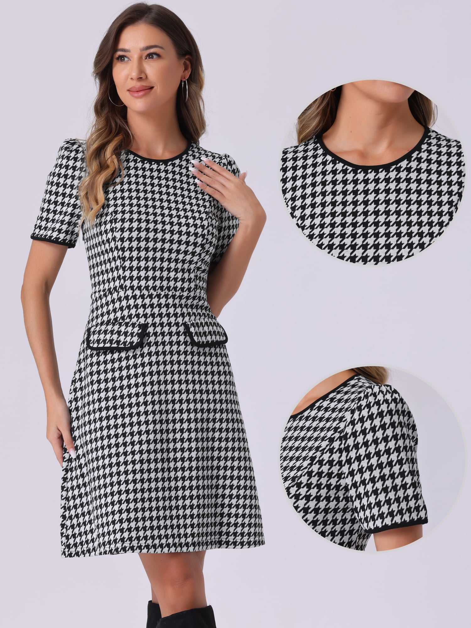 DARING DIVA Plaid A-Line Crewneck Contrast Trim Dress S Black
