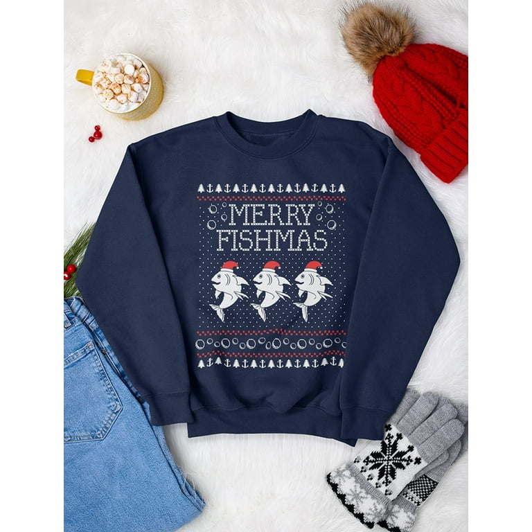 Tstars Mens Ugly Christmas Sweater Merry Fishmas Fishing Christmas Gift Funny Humor Holiday Shirts Xmas Party Christmas Gifts for Him Sweatshirt Ugly
