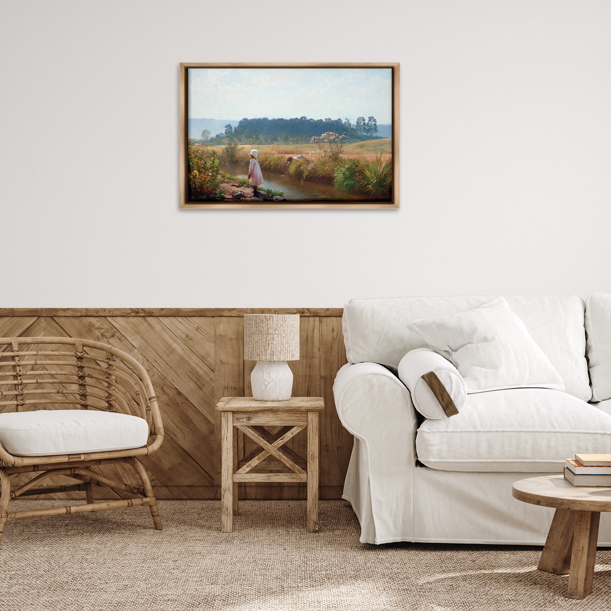 Stupell Industries Down By The River Landscape & Nature Painting Brown Floater Framed Canvas Art Print Wall Art, 31 x 21