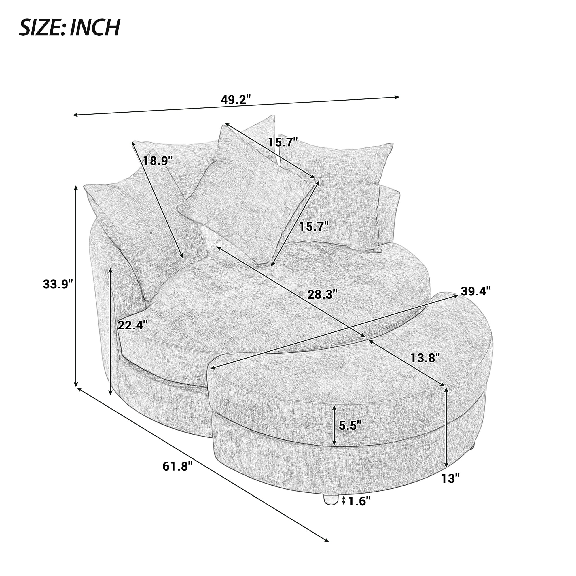 Euroco 360° Swivel Barrel Chair with Storage Ottoman and 4 Movable Pillows, Upholstered Linen Accent Chair with Ergonomic Backrest, Metal Base