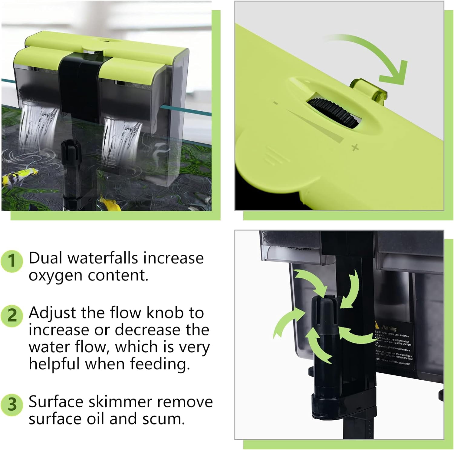 30-50 Gallon Aquariums Power Filter with Surface Skimmer, Lychee External Quiet Fish Tank Filter, Hang on Back Filter, Biochemical Cotton Filtration & Adjustable Water Flow, Dual Waterfall Design