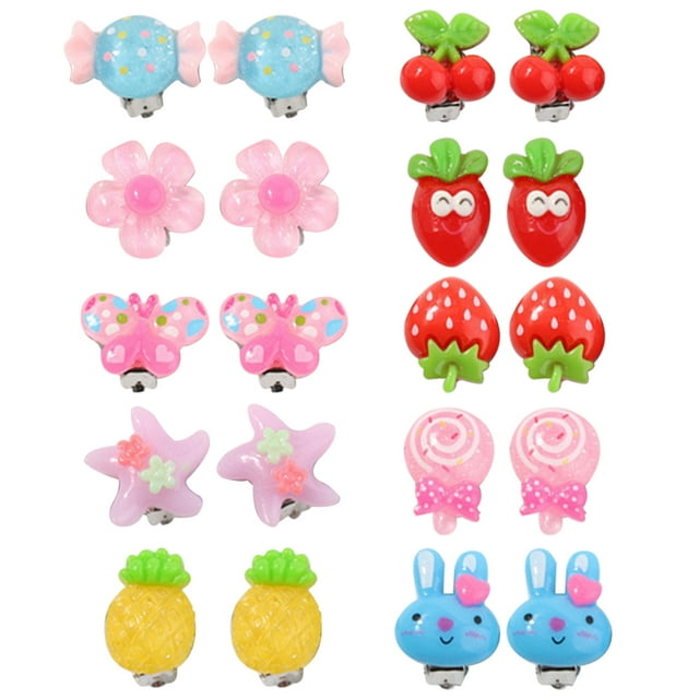 10 Paires de Boucles d'Oreilles Non Percées Dessin Animé Mignon Clip-on pour Fille