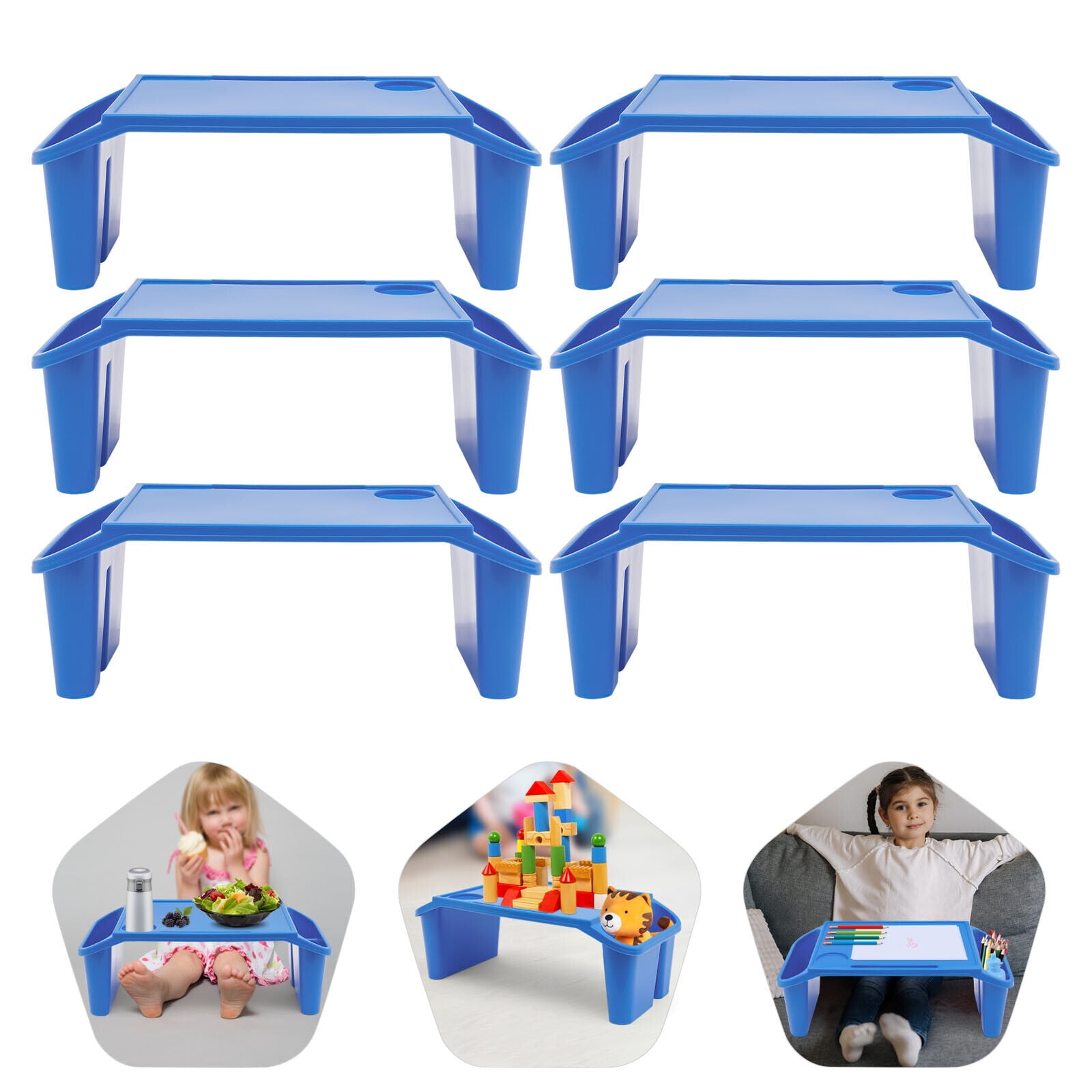 6Pcs Kids Lap Desk Tray, Plastic Breakfast Laptop Trays with Side Pockets, Portable Lap Bed Table for Writing Eating Game Classroom (Blue)