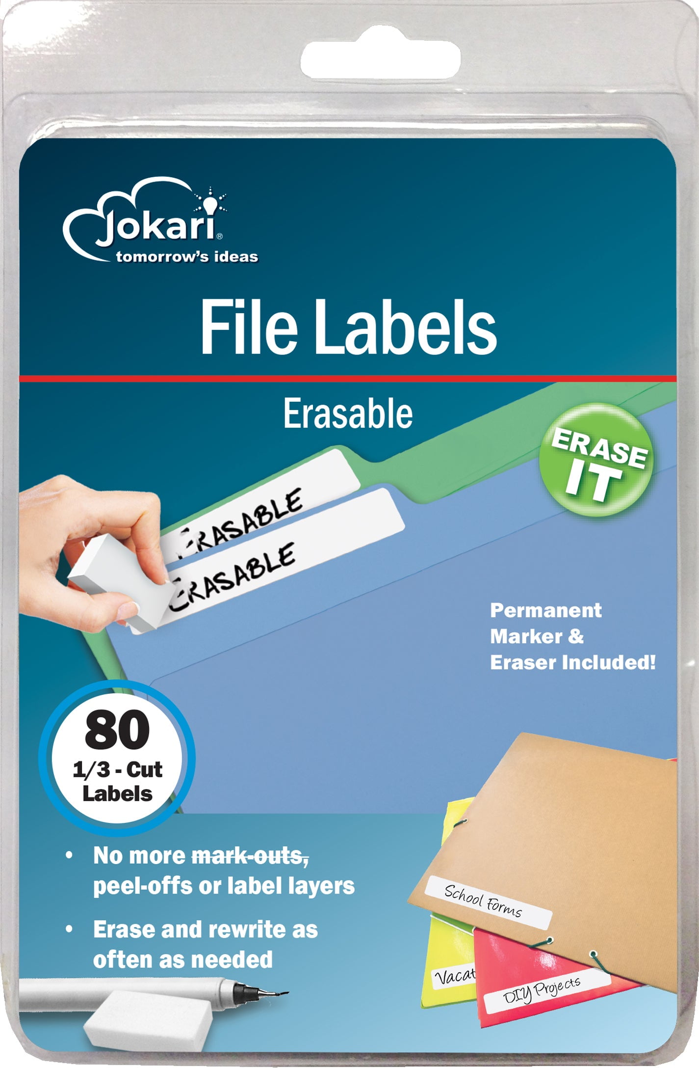 Jokari Erasable Hanging File Tab Labels 80ct. Reusable, Compatible with
