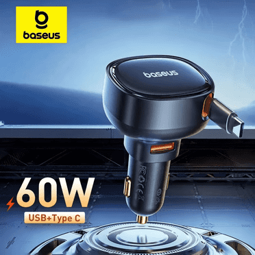 Baseus 60W Car Charger 2 in 1 Retractable Cable Type C Car Adapter PD 30W Fast Car Phone Charger for Samsung, Android Phones