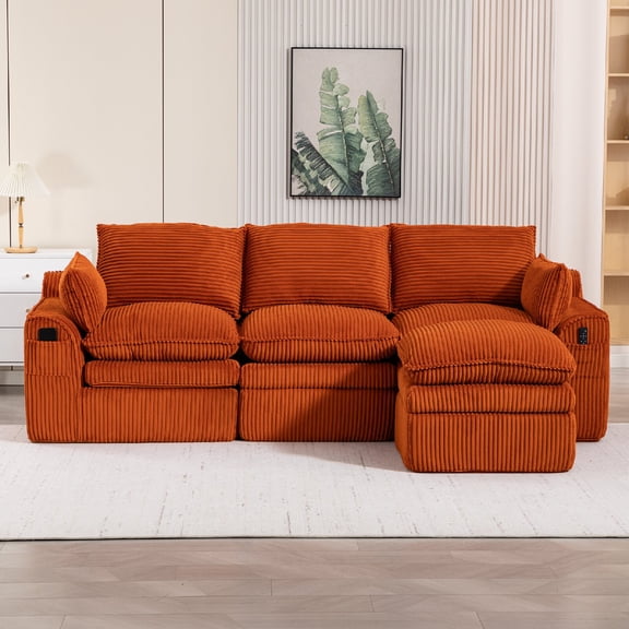 L Shaped Compressed Modular Sectional Sofa Couch with Movable Footstool, Modern Corduroy Upholstered Boneless Sofa Couches with Three Pillows and Two Lumbar Pillows for Living Room, Apartmen, Orange