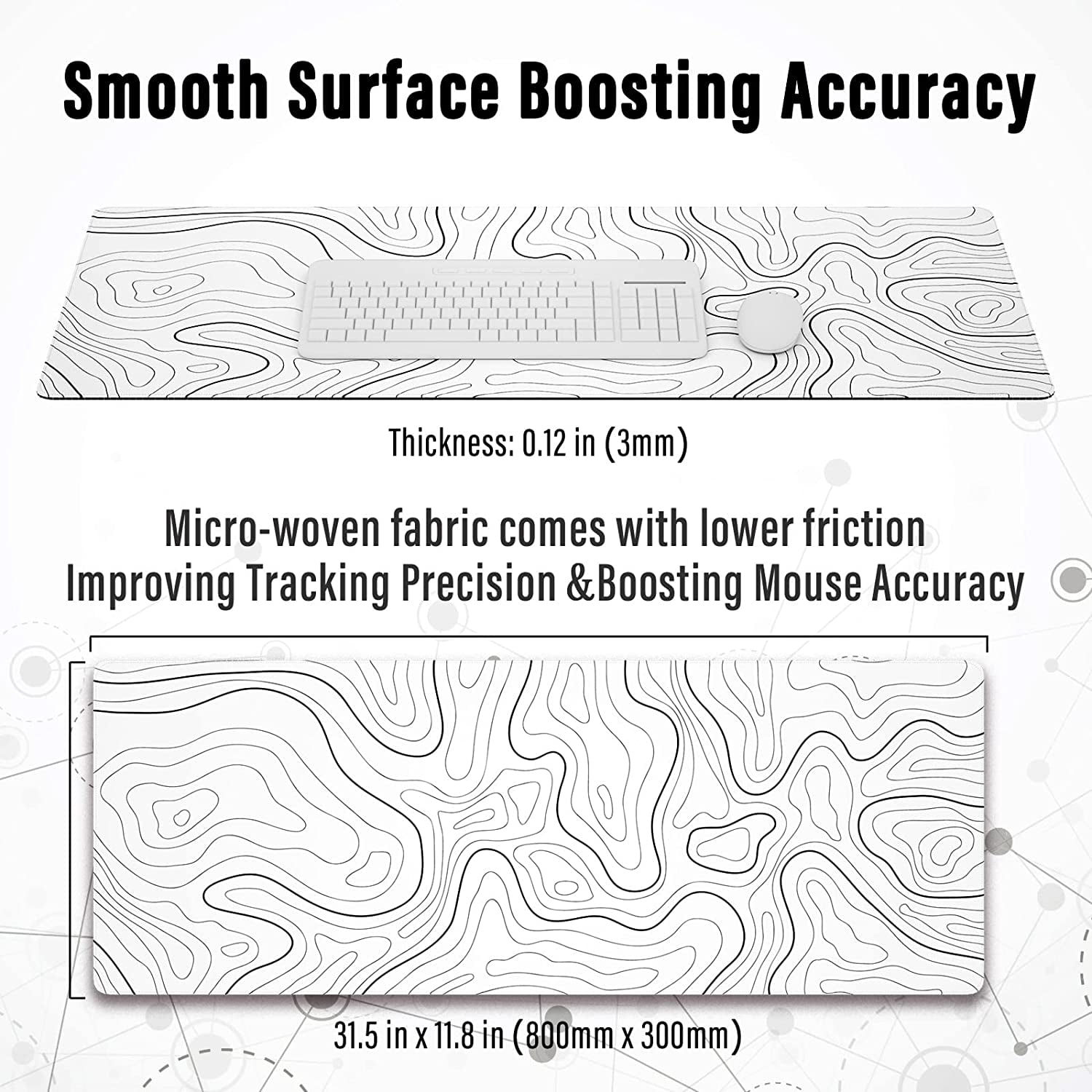 Large Gaming Mouse Pad with Stitched Edges, Minimalist Topographic Map Desk Mat, Extended XL Mousepad with Anti-Slip Base, Cool Desk Pad for Keyboard and Mouse, 31.5 x 11.8 in, White