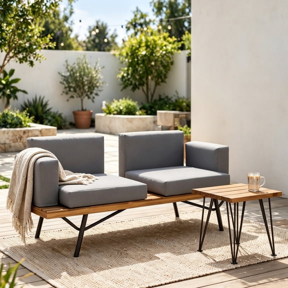 Christopher Knight Home 2-Piece Patio Conversation Set, Acacia Wood Loveseat with Side Table, Teak Gray