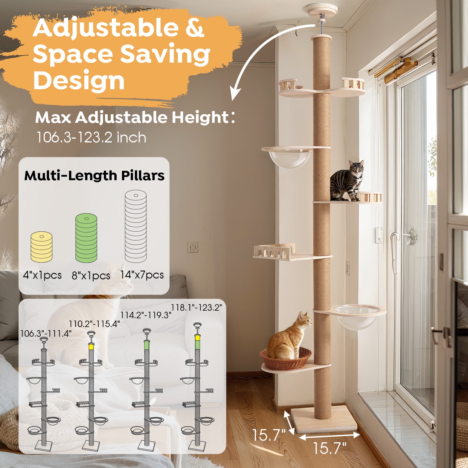 Veehoo Floor to Ceiling Cat Tree Height 106-123 Inch Adjustable with 4.3" Thickened Scratching Posts