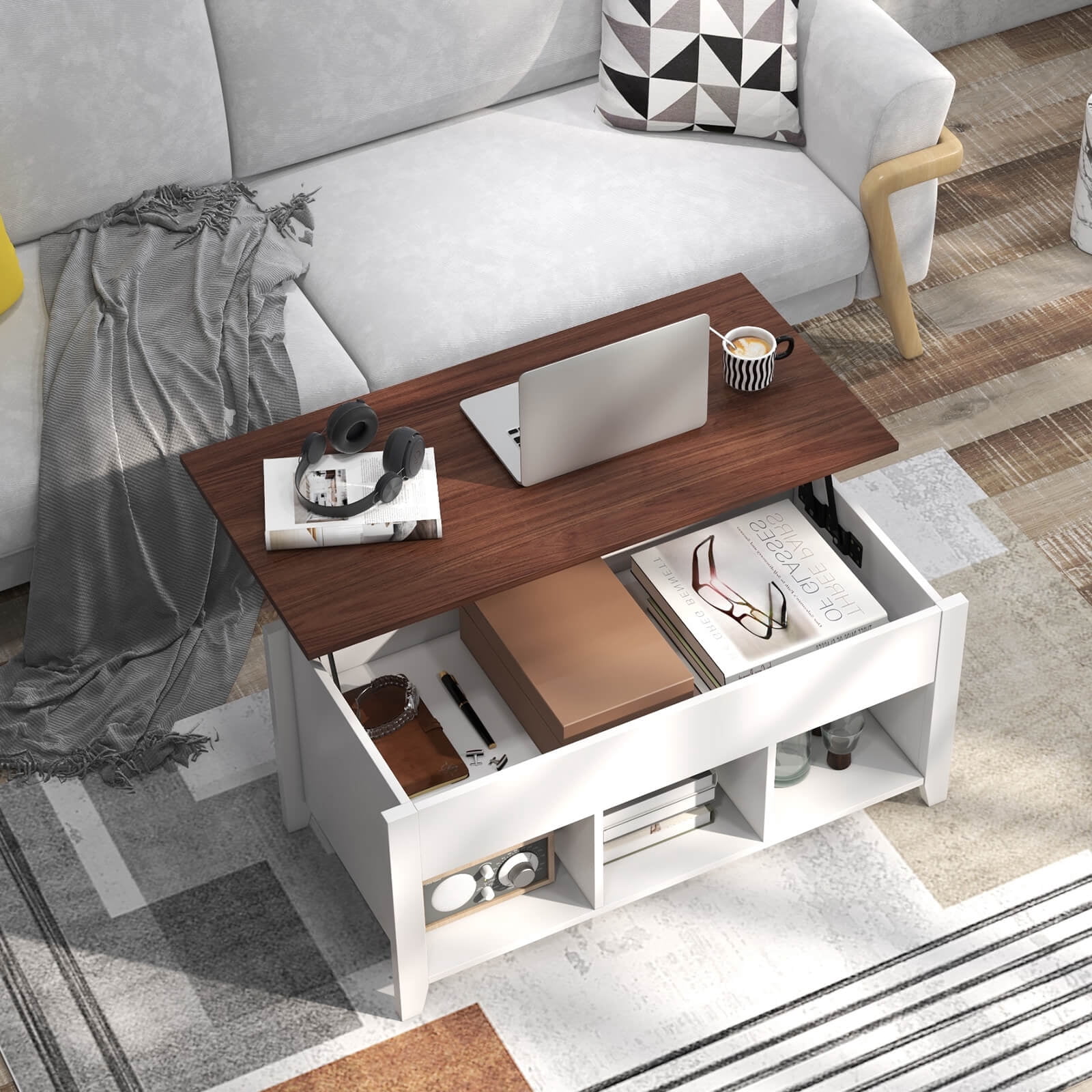 Costway Lift Top Coffee Table w/ Hidden Compartment and Storage Shelves Modern Furniture White