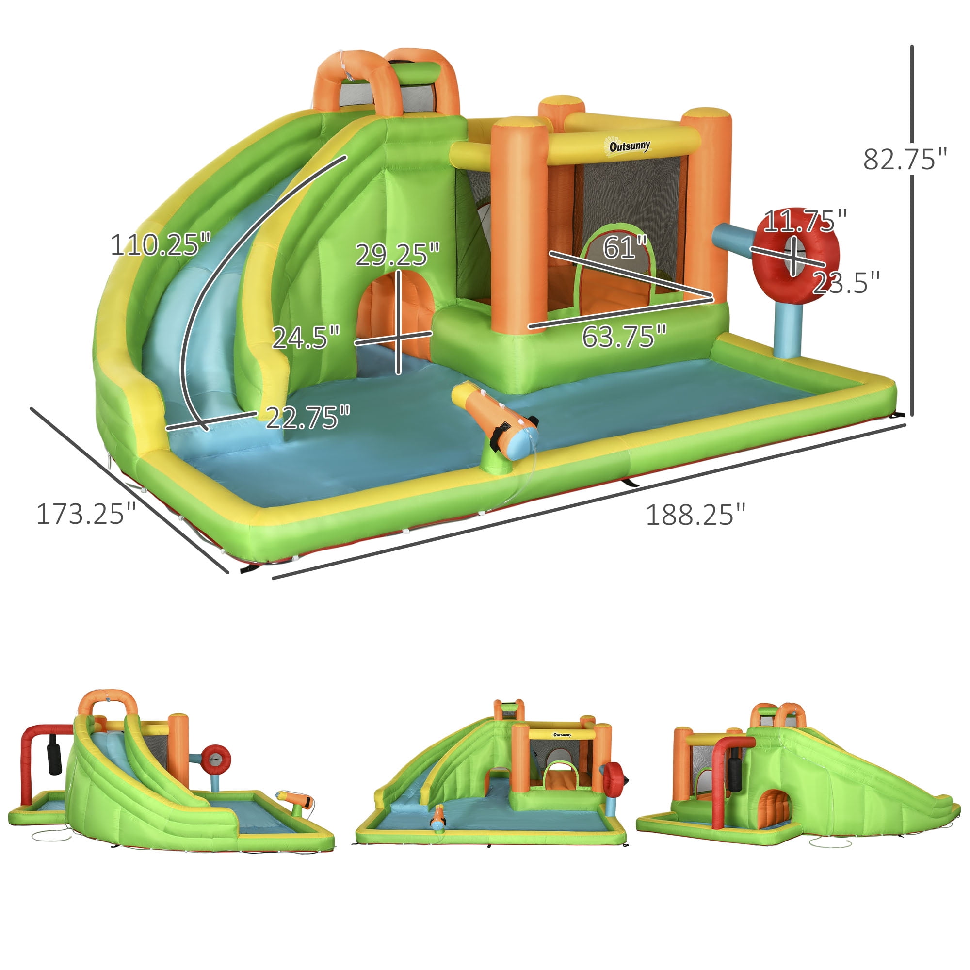 Outsunny 7-in-1 Inflatable Water Slide, Kids Castle Bounce House Includes Slide, trampoline, Pool, Water Cannon, Ball-target, Boxing Post, Tunnel with Carry Bag, Repair Patches, 750W Air Blower