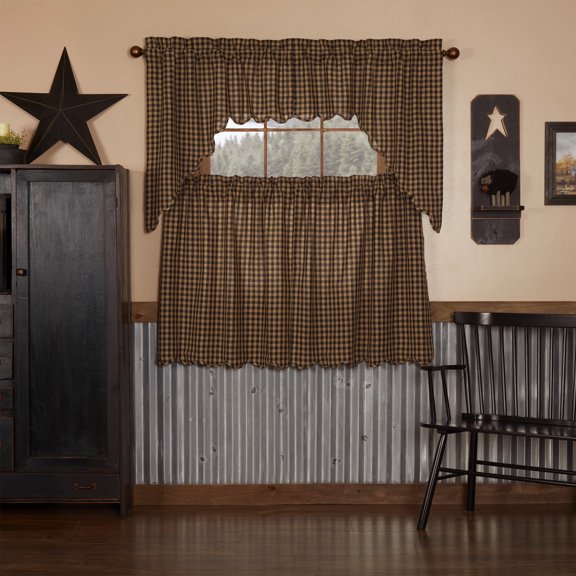 VHC Brands Black Check 4 PC Raven Curtain Set (2 Swag 36x16 and 2 Tier 36x36)