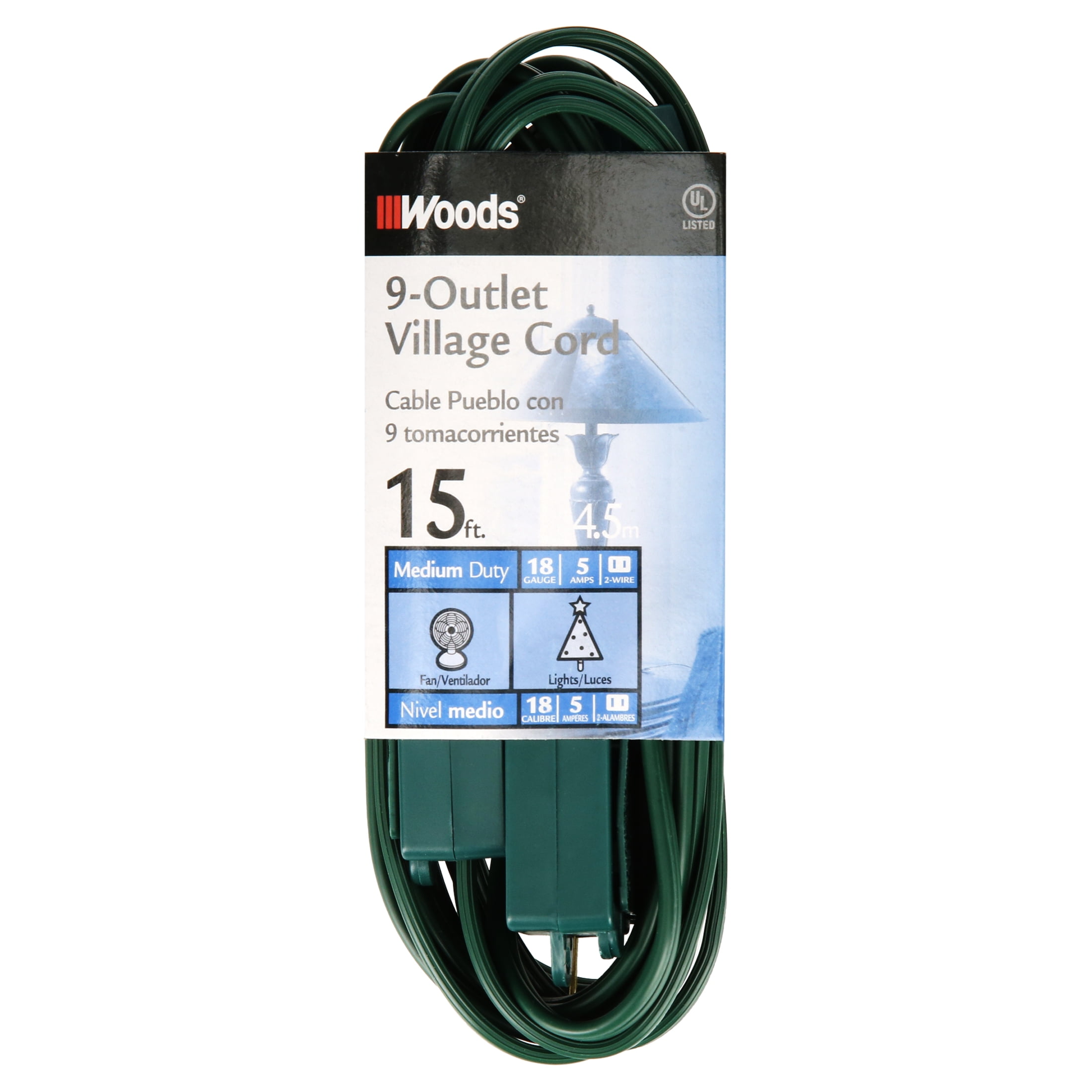 Green 9 Outlet Indoor Village Extension Cord Coleman Cable 2189 2 Pack 15ft 