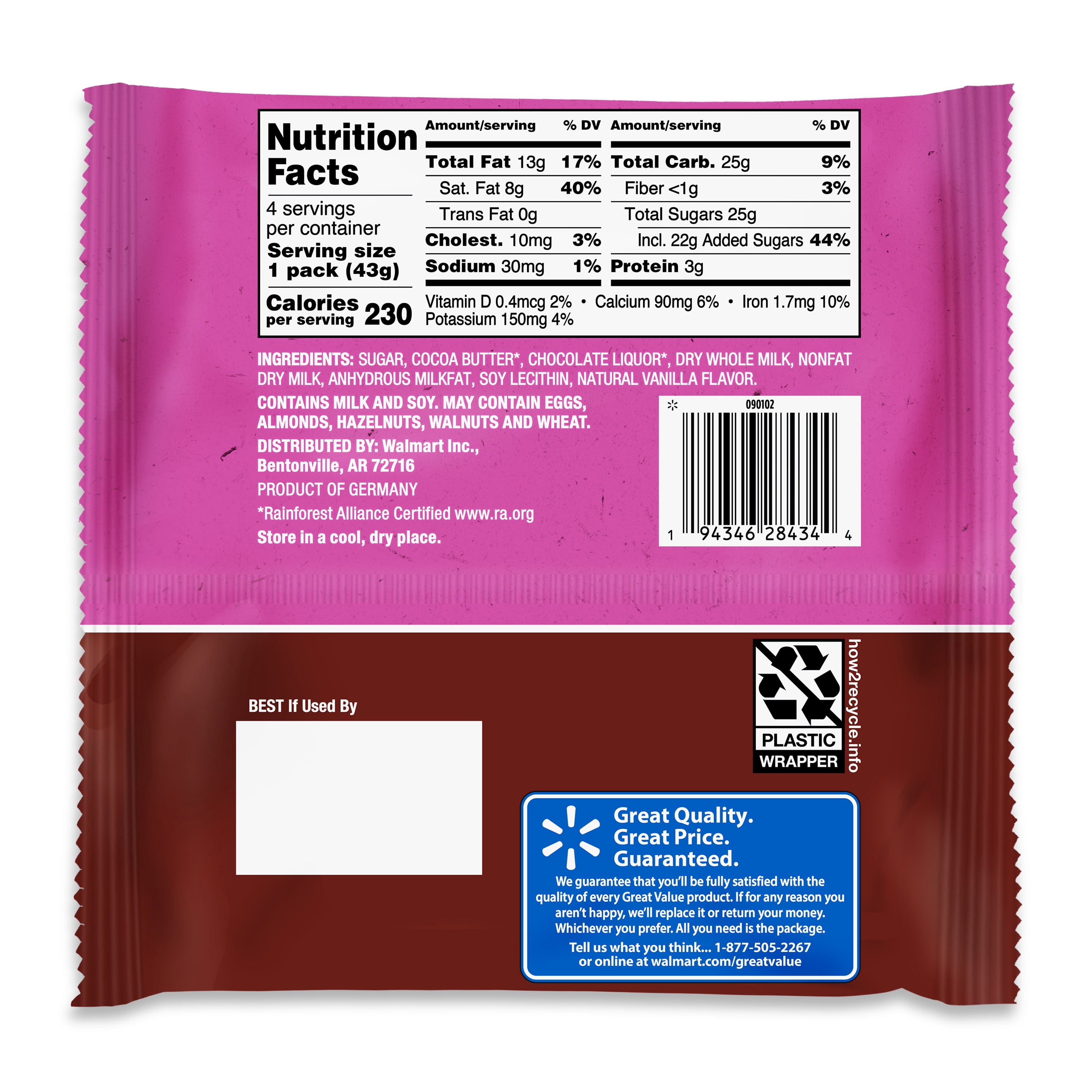 Great Value Milk Chocolate Bars, 1.52 oz, 4 Count