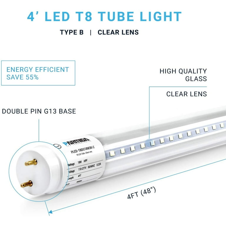 Parmida LED 4FT T8 Ballast Bypass Type B Light Tube Clear Lens