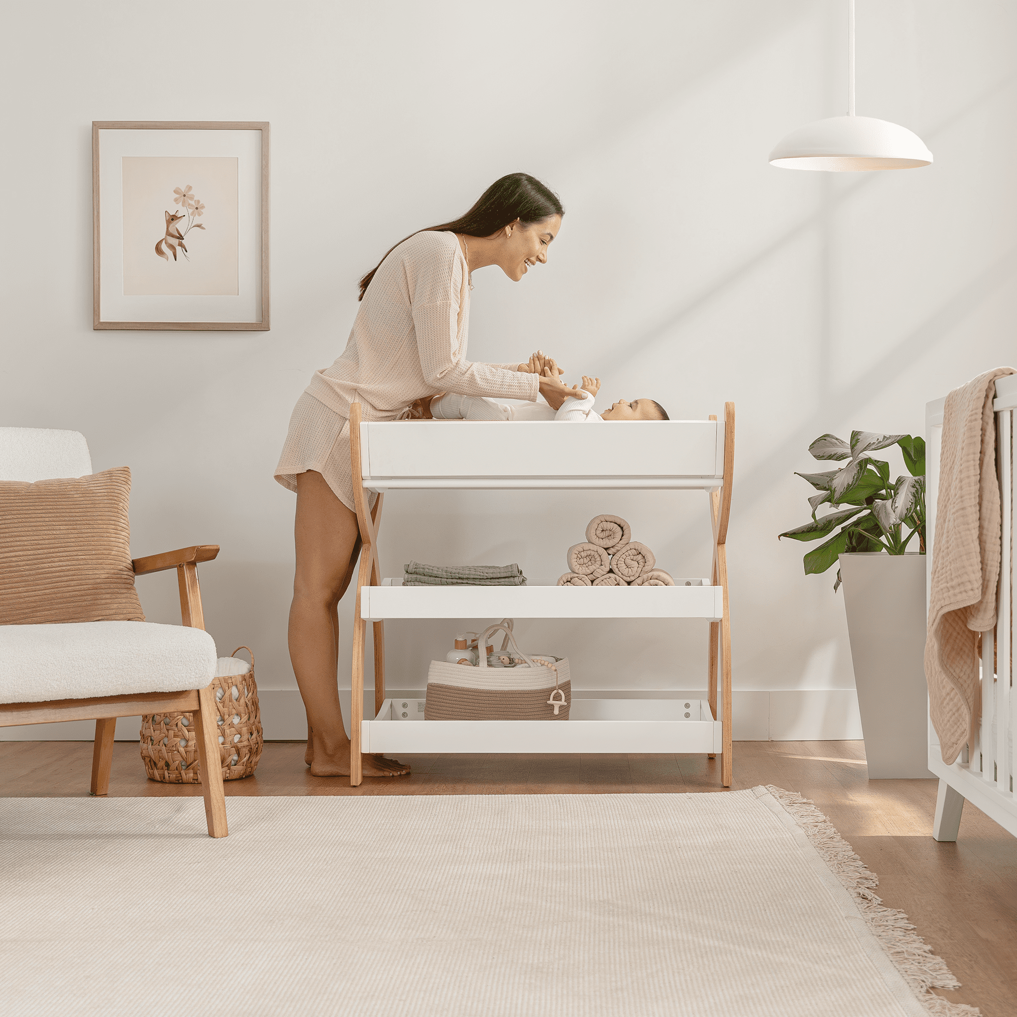 Comfy Cubs Baby Changing Table with Two Open Shelves for Storage - White with Natural Wood Legs