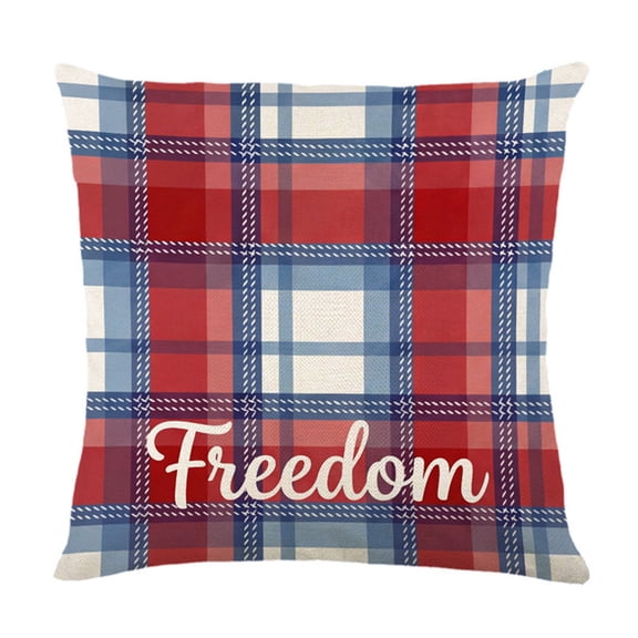 American 250th Anniversary Pillow Cover, Independence Day Stars and Stripes Design, Sofa Couch Bedroom Office Decor - Patriotic Red White Blue Plaid with Freedom Text, Square Throw Cushion Case for L