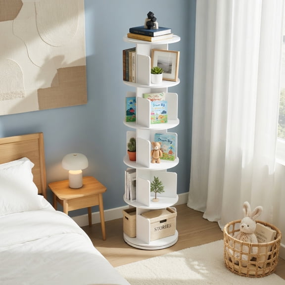 GVN 5-Tier Rotating Bookcase Storage Shelves with Dividers and Anti-falling Baffles, 360°Bookshelf Stand for Living Room, Bedroom, Office Room, Study Room, White