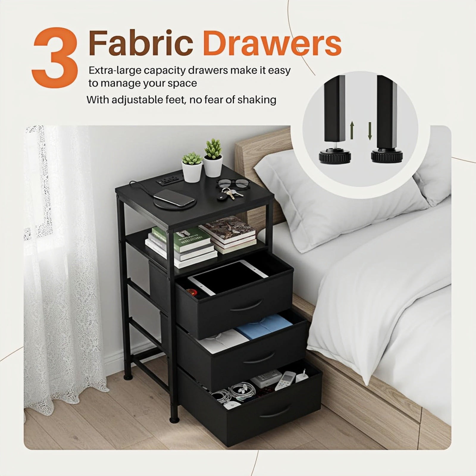 Nextay 3 Fabric Drawers Nightstand with Charging Station, LED Light Strip Bedside End Table with USB/Type-C Ports and Outlets & Adjustable Feet for Bedroom, Black