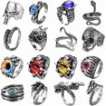 thumbnail image 1 of Juego de 16 anillos góticos punk de plata para hombres y mujeres, con diseño de rana, serpiente, mariposa, araña, ojo de animal, ajustable, estilo gótico, apilables., 1 of 5
