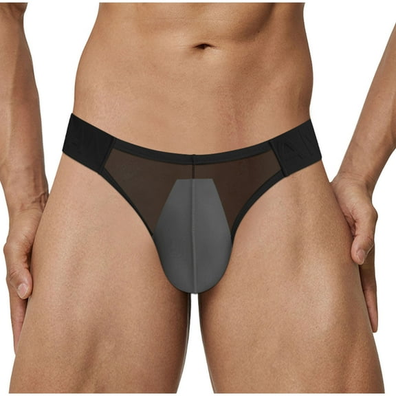 ZQUUVOU Plus Size Men's Briefs Solid Color Breathable Thread Mooning Thong Underwear (Black,M)