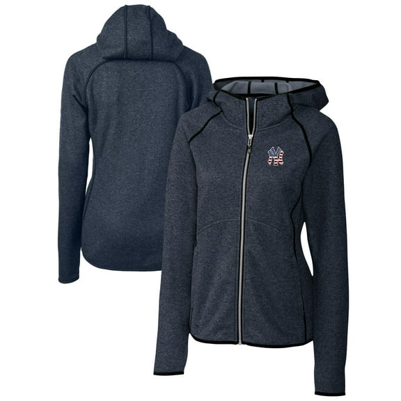 Women's Cutter & Buck Heather Navy New York Yankees Americana Logo Mainsail Sweater-Knit Full-Zip Hoodie