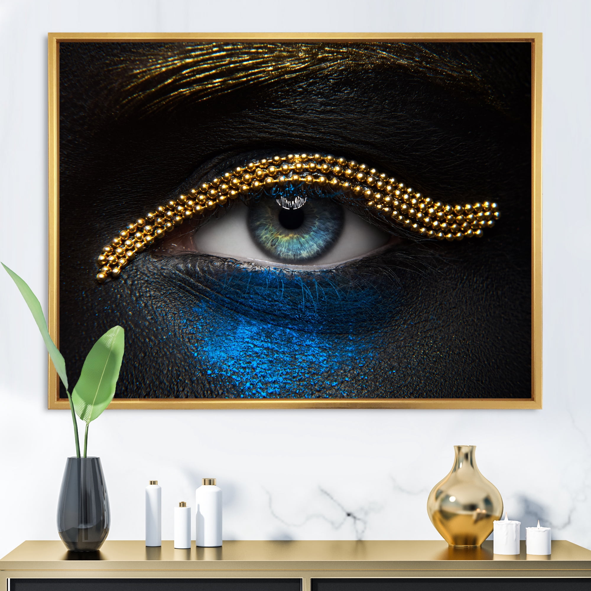 Designart 'Girl Eyes With Gold Chain and Blue Pigment' Modern Framed Canvas Wall Art Print