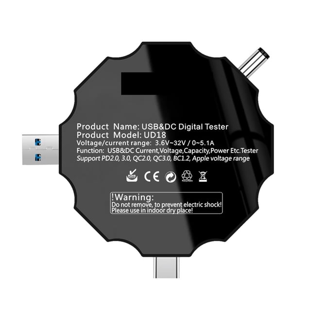 5 USB Tester DC Digital Voltmeter Power Bank Charger Voltage Current Ammeter Detector QC/PD3.0 Meter 18 In 1 + 65W Load ,Live Data