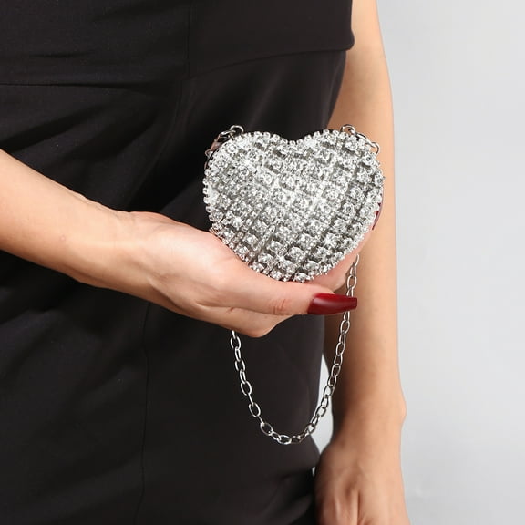 Jaucin Mini Heart Shaped Rhinestone Clutch Silver Sparkling Diamond Evening Bag Women's Glitter Handbag Wedding Dinner Party Purse
