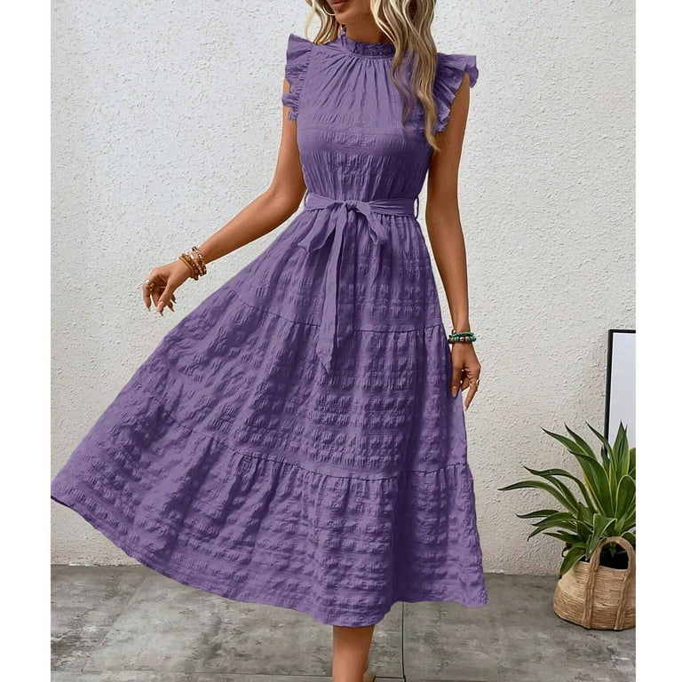 Uaswgudfs Women's Short Sleeve High Neck Midi Dress - Summer Casual Tiered  Skirt & Belted Waist, Textured Fabric Sophisticated Purple XL - Walmart.com