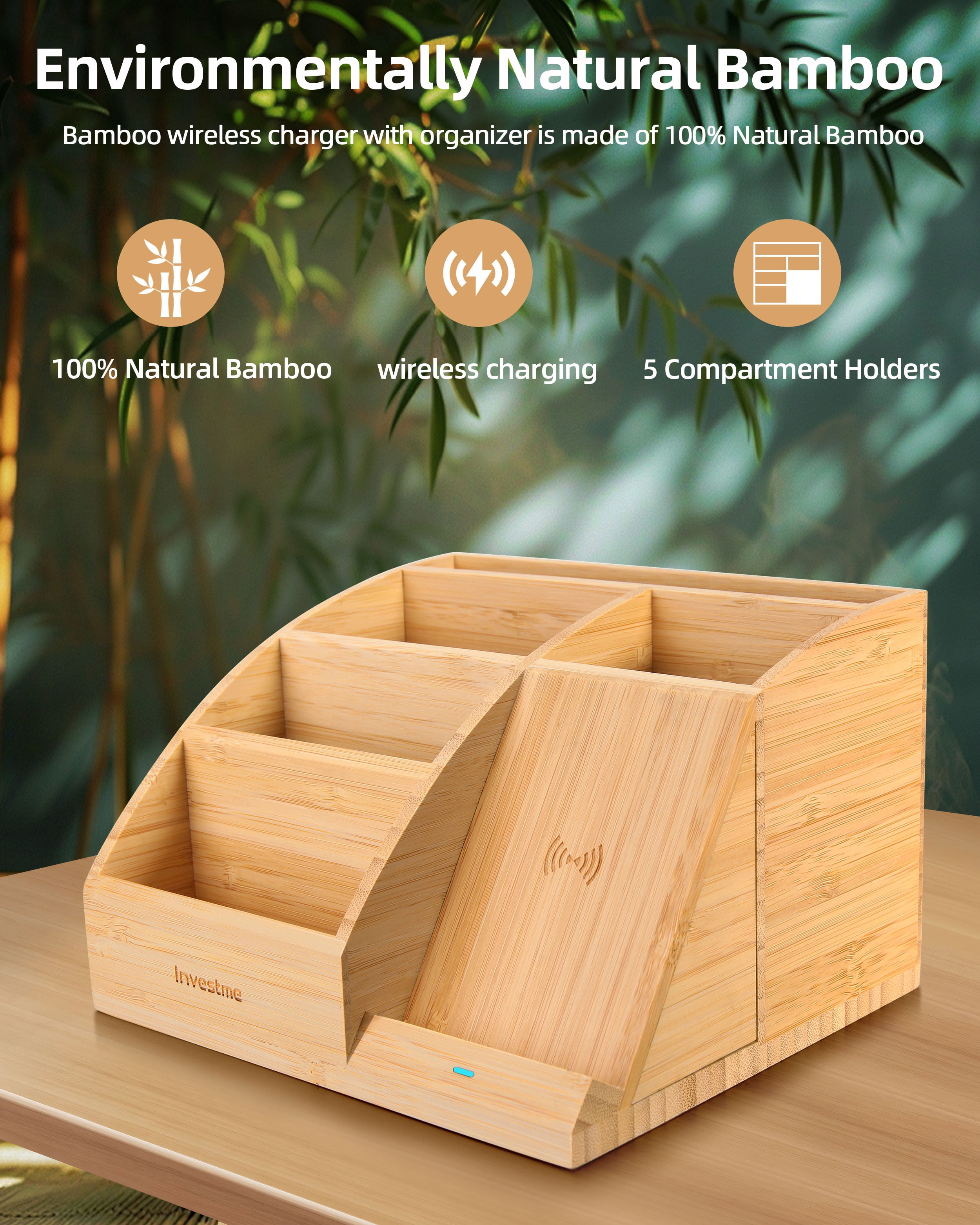 Investme Desk Organizer with Wireless Charging, Bamboo Pencil Holder with 15W Fast Wireless Charger Compatible with iPhone and Samsung for Desk & Nightstand