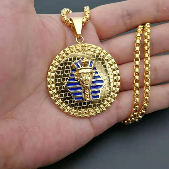 Egyptian Pharaoh Sphinx Necklace Pendant With Chain And 14K Yellow Gold Hip Hop Egypt Round Jewelry J102