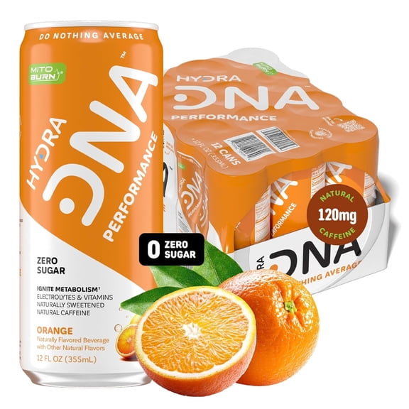 HydraDNA - Orange PERFORMANCE Drink, Zero Sugar | for Natural Fuel, Alertness, Boost, Stamina, 120 mg Organic Caffeine, Natural Flavors, Clean Ingredients (12 pack)