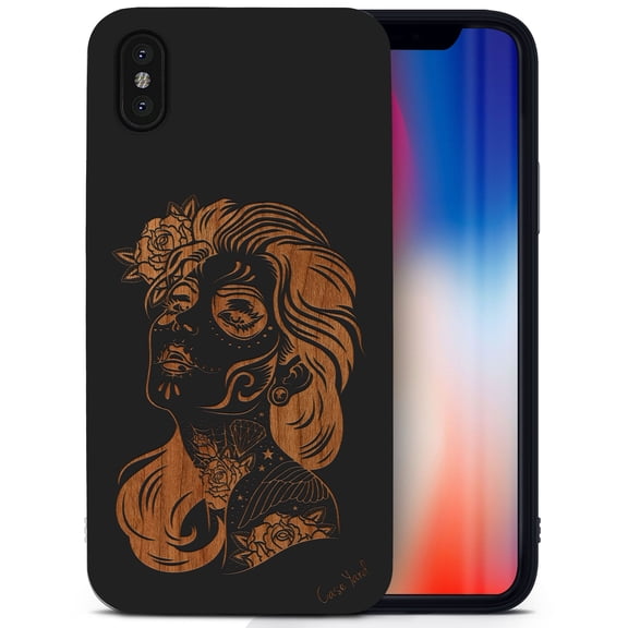 Case Yard Wooden Case for iPhone-X Soft TPU Silicone cover Slim Fit Shockproof Wood Protective Phone Cover for Girls Boys Men and Women Supports Wireless Charging Sucra Donna Day of Dead Design