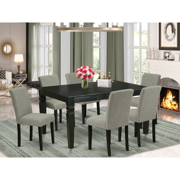 WEAB7-BLK-06 7Pc Rectangular 42/60" Dinette Table With 18 In Leaf And 6 Parson Chair With Black Leg And Linen Fabric Shitake