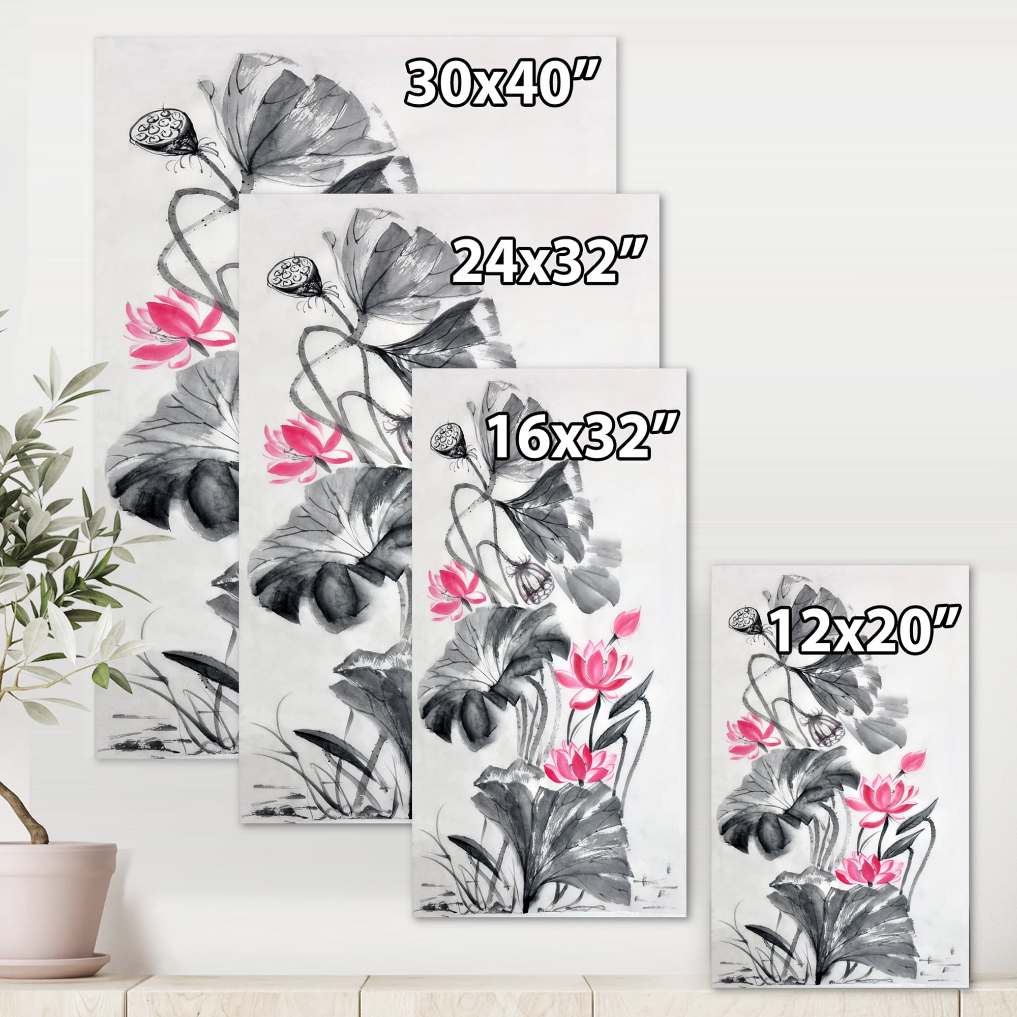 Designart ' Pink Vintage Lotus Flower and Monochrome Leaves ' Traditional Canvas Wall Art Print