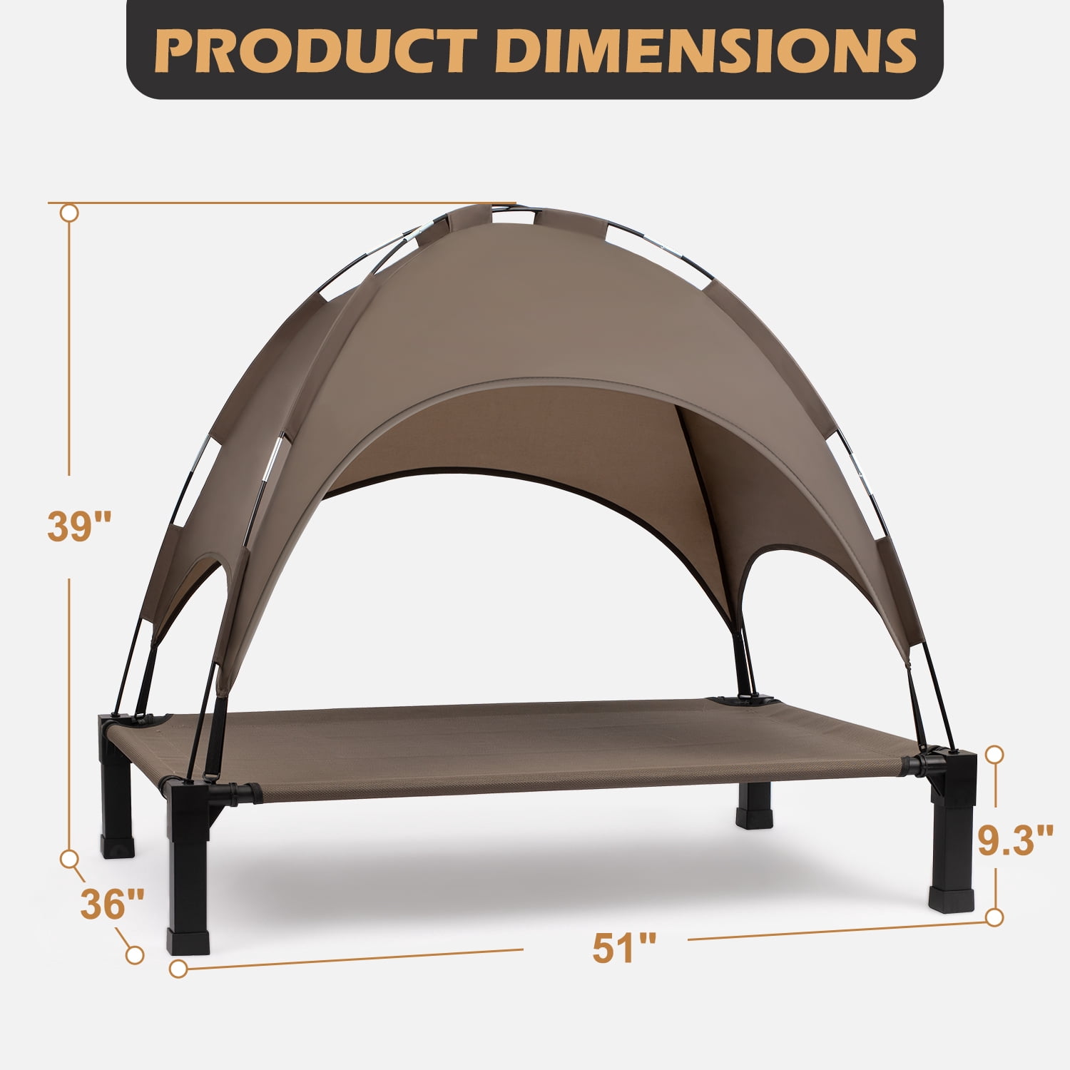 Niubya Cooling Elevated Dog Bed, Portable Raised Pet Cot with Removable Canopy and Washable Mesh,Large,Brown