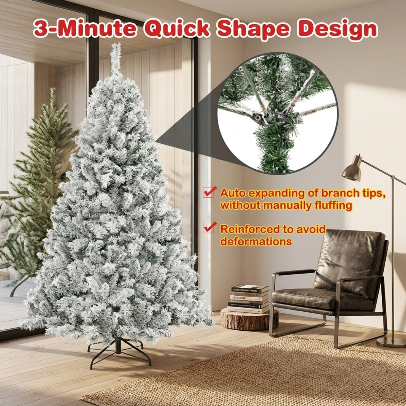 RUIE 6 ft Flocked Artificial Christmas Tree, Pre-Lit Green White Xmas Tree with 300 LED Lights, 644 Branch Tips, 3-Minute Shape