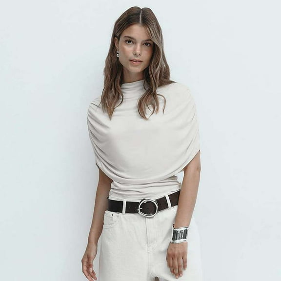 Ruched Sleeve Cape Top (S, White)