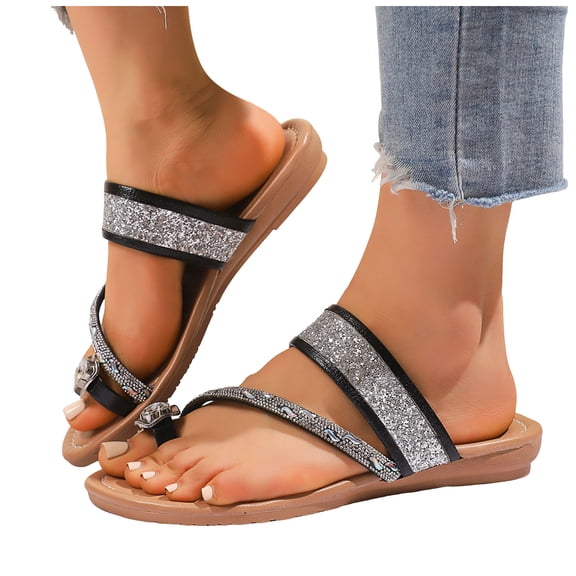 Rokment Women's Sparkly Crystal Rhinestones Flip Flops Beach Glitter Sequin Wedge Low Heel Dress Slip on Sandals Bridal Bling Flipflops Slides Summer Shoes Black Size 6.5