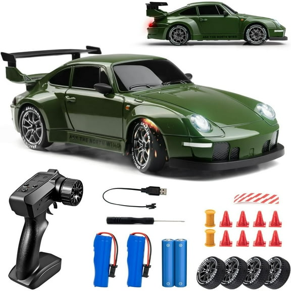 RC Drift Car, 1:24 Scale Remote Control Vehicle with LED Lights, 2.4GHz 20KM/H 4WD High Speed RC Cars, Drifting Tires＆Two Batteries, Racing Sports Toy Idea Gift for Adults Boys Girls and Kids