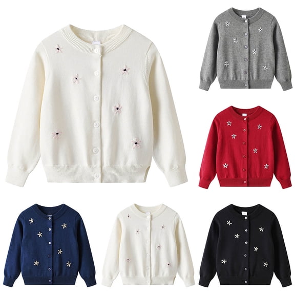Afuyipoi Girls Embroidered Flower Cardigan Size 1-14Y Long Sleeve Round Neck Knit Sweater for Kids School Casual White Size 4T