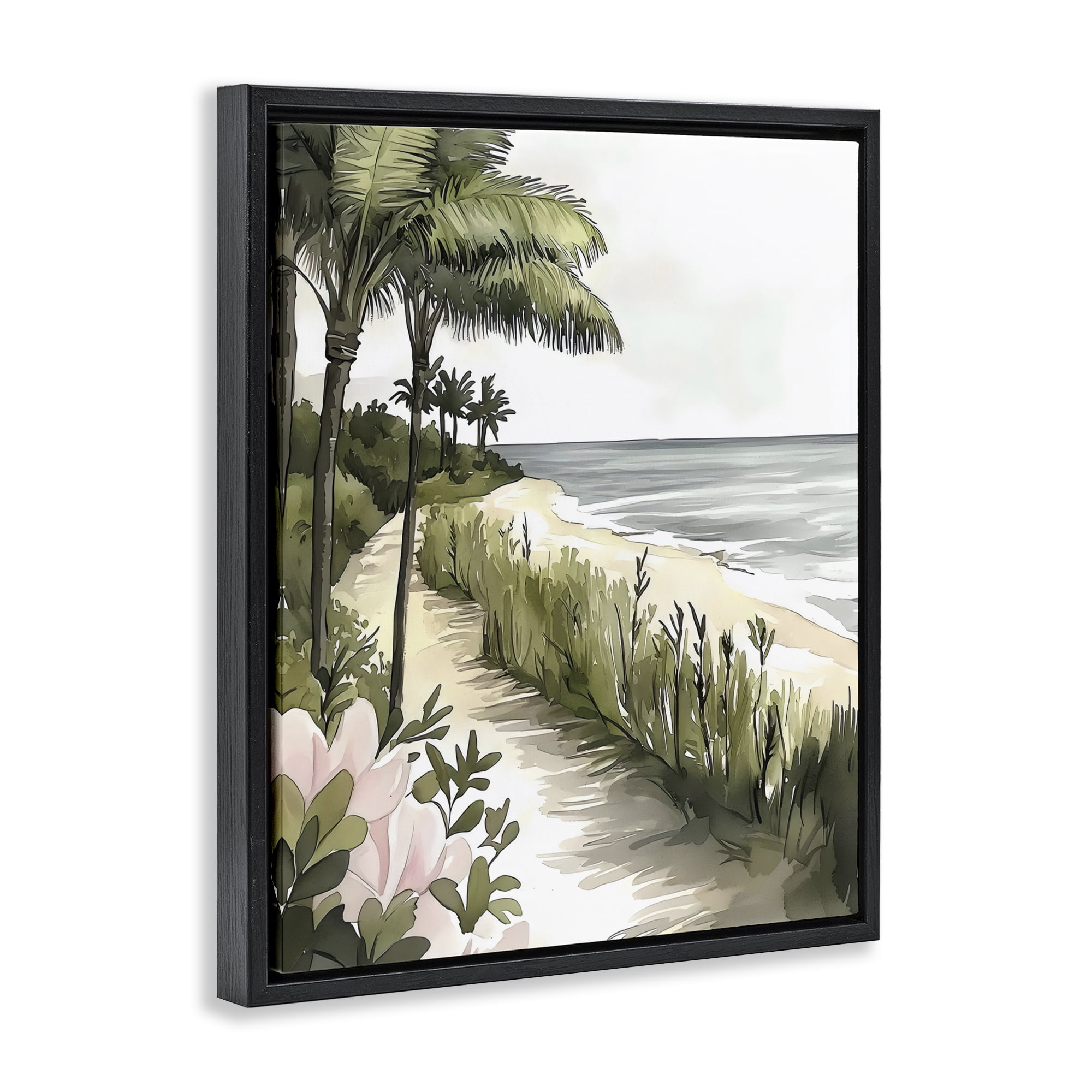 Stupell Industries Coastal Calm Palm Tree Pathway Black Framed Floater Canvas Wall Art, design by Riley B
